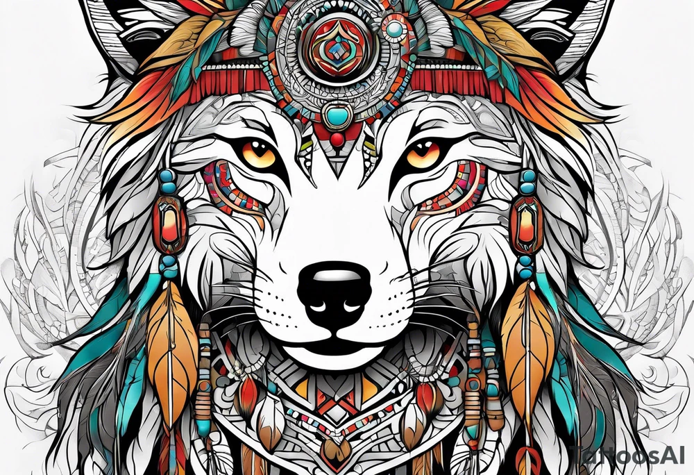 abstract organic line artwork woman, native american, wolf tattoo idea