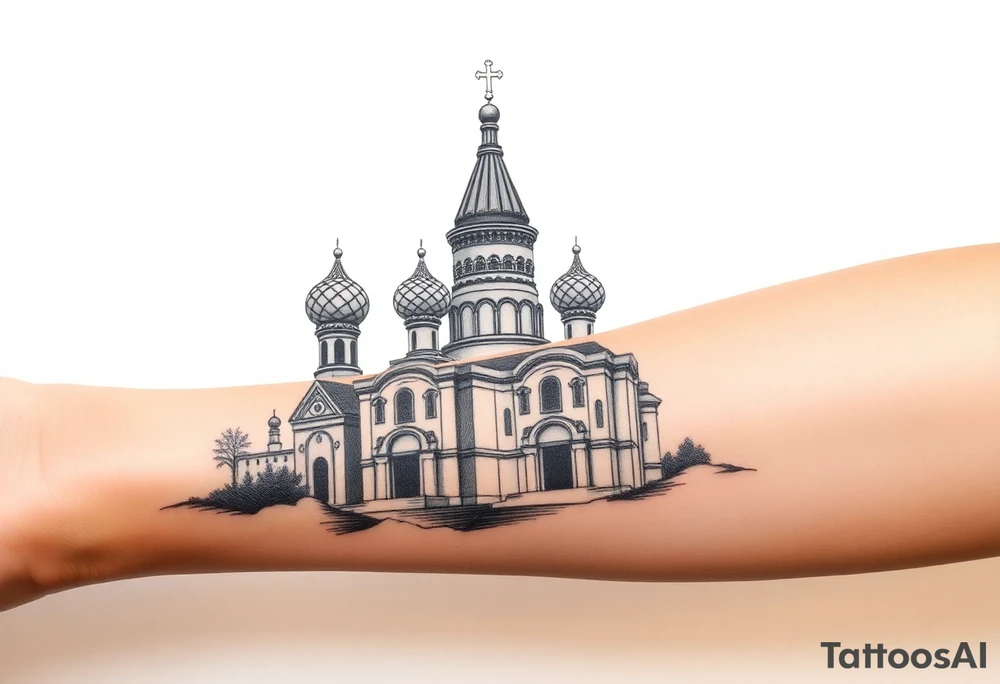 highly detailed Russian Orthodox cathedral sitting on fore arm with onion domes and orthodox crosses, done in fine line, engraving-like style. Cohesive composition, black ink only, no color, high contrast, slightly aged, documentary-style, plain light background. with clouds above it and a virgin mary over looking tattoo idea