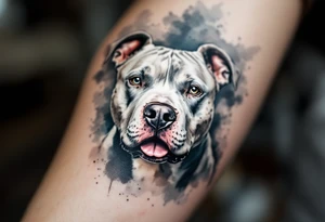 Watercolor pitbull portrait, soft washes of gray, blue, and brown, with expressive brush strokes highlighting the dog’s emotion. tattoo idea