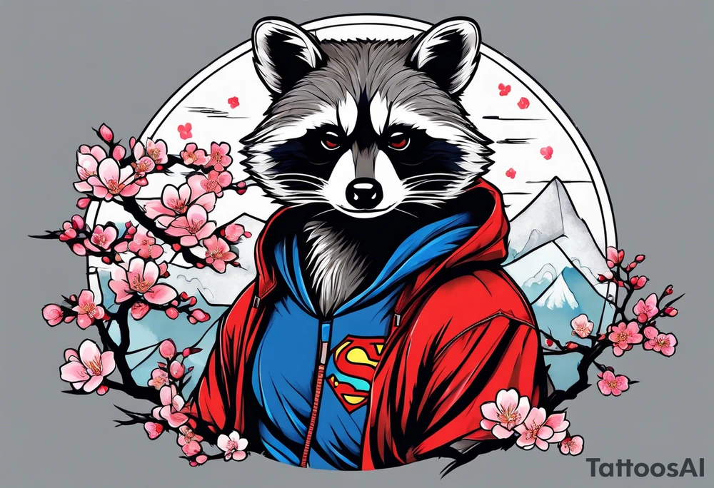 Raccoon wearing a Superman hoodie and Japanese cherry blossoms tattoo idea