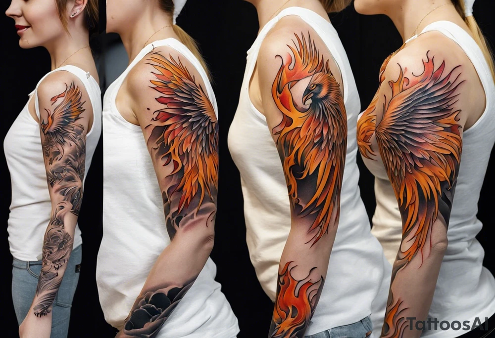 Sleeve tattoo on a woman's arm. Phoenix tattoo idea