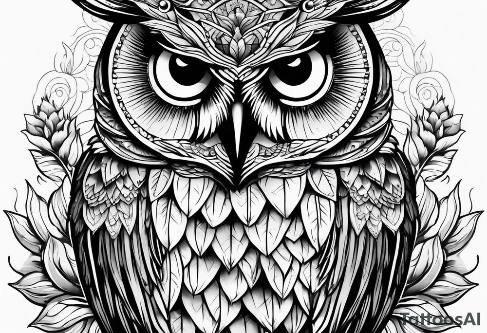 Black and white owl with sunflowers leg sleeve tattoo idea