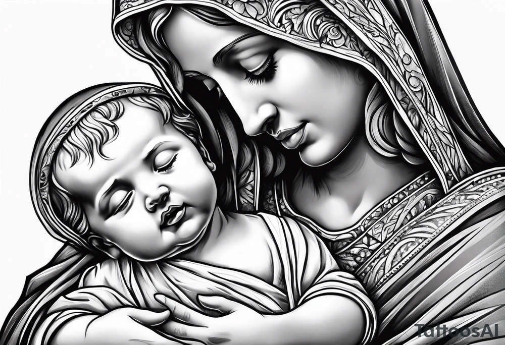 Mary holding baby Jesus in her arms crying tattoo idea