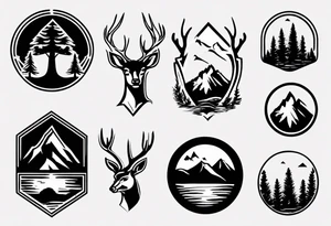 A logo for an outdoors company that includes an "S" and an "M". Includes a mountain, a lake, some trees, and a deer tattoo idea