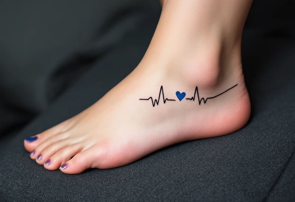 A subtle black EKG line wrapping around the ankle, punctuated by a small, blue heart. tattoo idea
