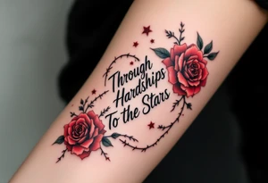 Surrounded by fiery-red roses and thorns, the phrase “Through Hardships To the Stars” weaves through the blooms. tattoo idea