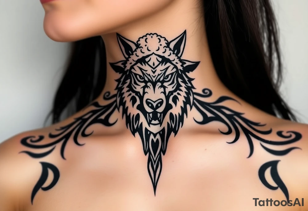 Big bad wolf nursery rhyme wearing a sheep costume with sheep head hood to kill and eat the three little pigs and little red riding hood tattoo idea