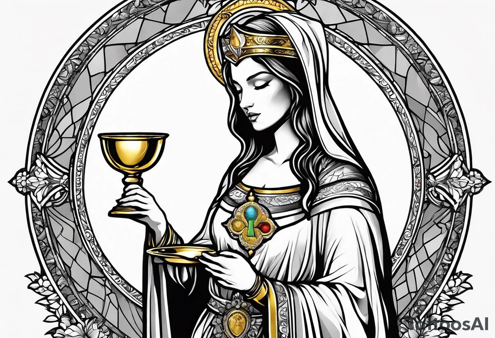 holy saint woman with golden halo holding a chalice tattoo idea