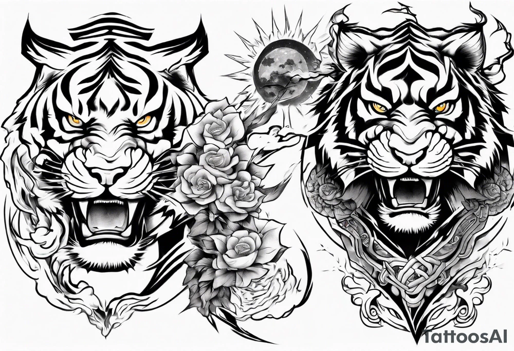 tiger warrior with lightning and the sun for a forearm sleeve tattoo idea