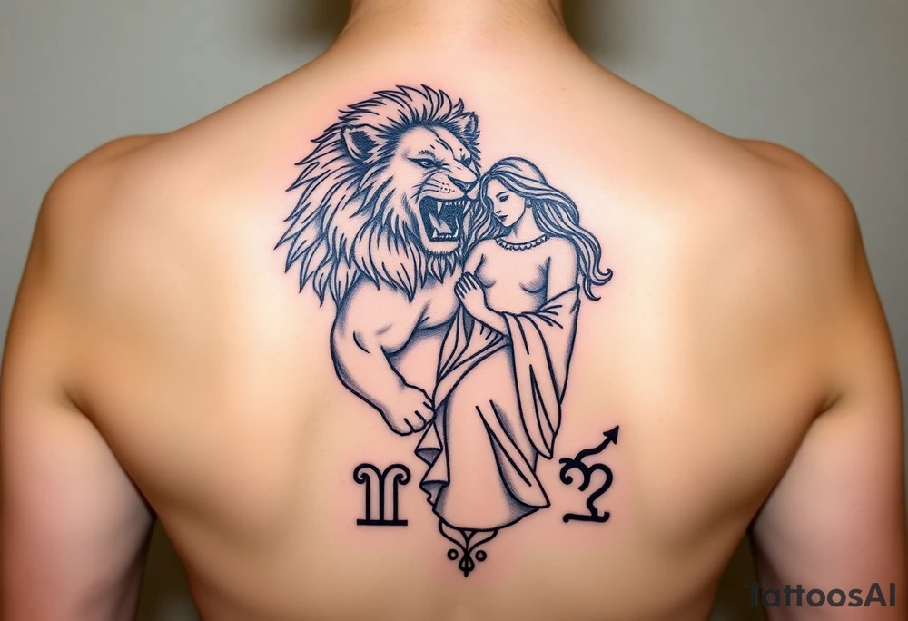 Roaring Leo lion holding virgo woman with robe and wavy hair, add Sagittarius female and Capricorn male below these tattoo idea