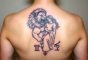 Roaring Leo lion holding virgo woman with robe and wavy hair, add Sagittarius female and Capricorn male below these tattoo idea
