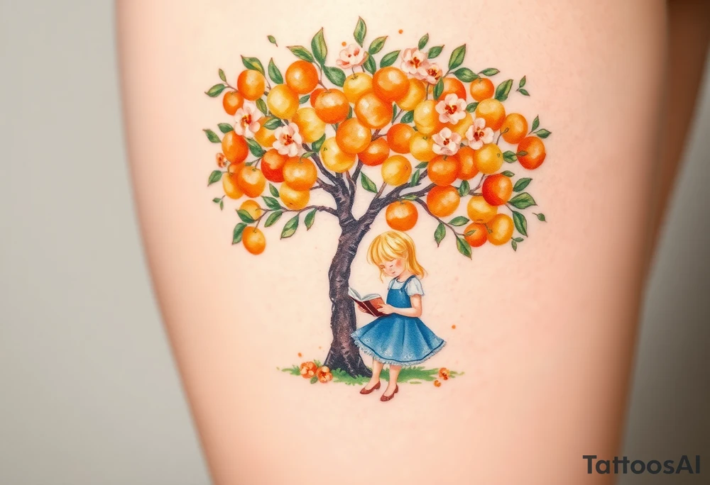 An orange tree with only a few oranges and full of flowers. Under the tree, a little blond girl wearing a blue dress while reading. 


. tattoo idea
