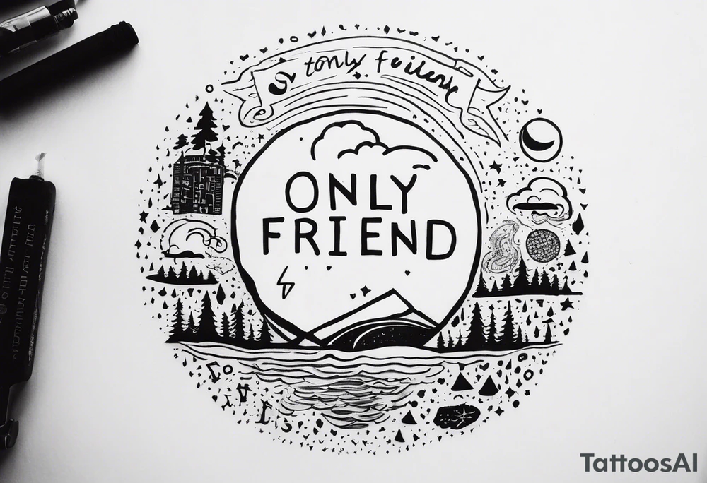Tattoo the lyrics
 "Weathered and fading
Who feels alone in the world?
You do
Too complicated
It's not the same anymore
You're through"

from the song "Only Friend" - Wallows

include little icons relevant to the song like the earth or a rainy cloud (examples_ tattoo idea