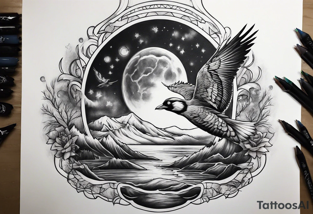 Northern lights with Pennywise and birds tattoo idea