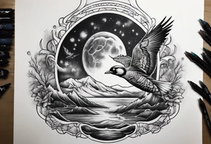 Northern lights with Pennywise and birds tattoo idea