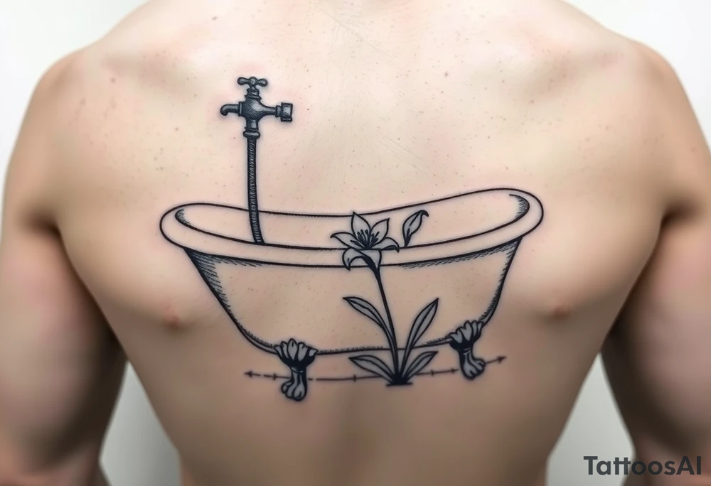 clawfoot bathtub with simple faucet and lily coming up out of the tile floor tattoo idea