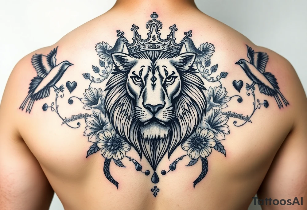 powerful majestic lion with a crown, surrounded by floral ornaments and birds tattoo idea