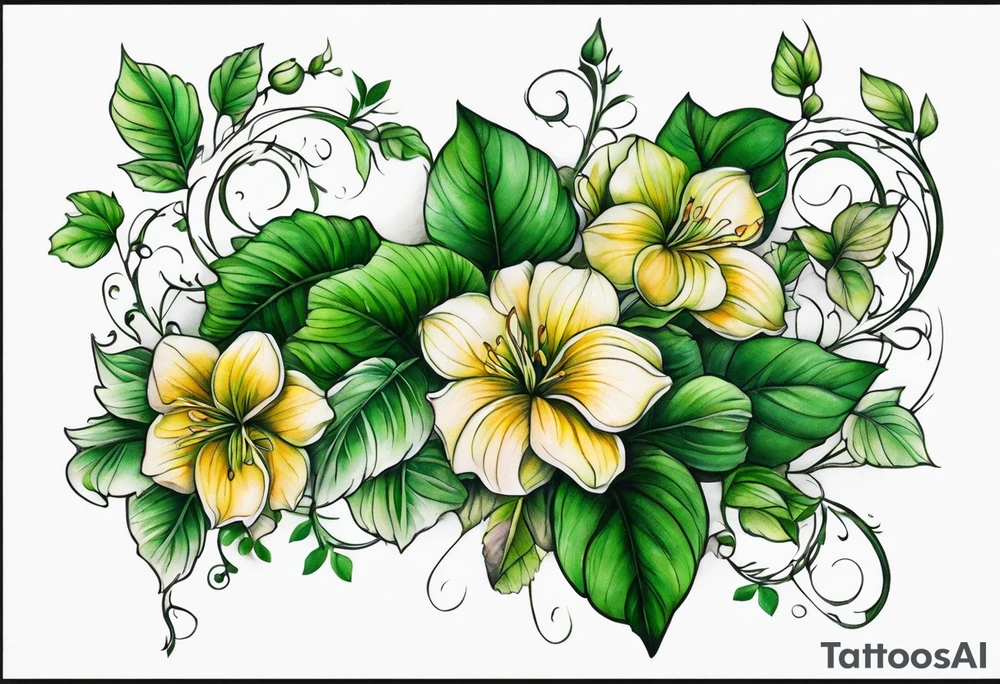 Vines with thick green leaves and muted flowers. Will start above the wrist and wrap around forarm ending at elbow tattoo idea