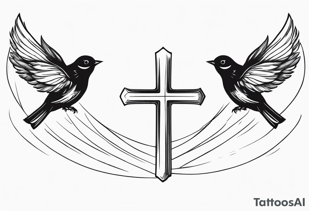 Two birds on forearm flying towards each other one below the other and up towards with a cross in between them tattoo idea