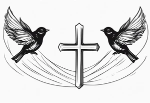 Two birds on forearm flying towards each other one below the other and up towards with a cross in between them tattoo idea