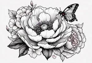 Vibrant peony with hydrangea and petunias and blossoms and foliage and a ladybug and a bee tattoo idea