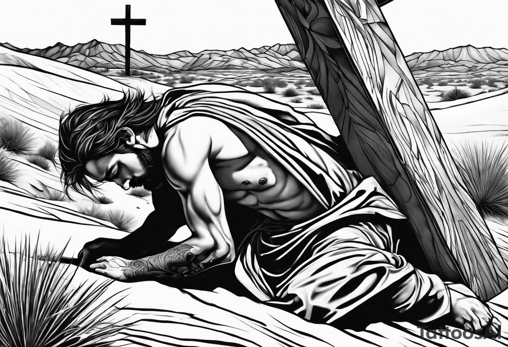 man crawling in a desert reaching to the cross of Christ tattoo idea