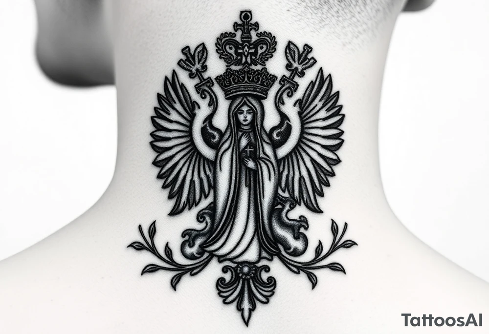 Traditional authentic Russian coat of arms with a Christian orthodox virgin marry in the middle and silhouette in a Russian wilderness Christian orthodoxy village setting tattoo idea