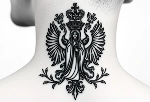 Traditional authentic Russian coat of arms with a Christian orthodox virgin marry in the middle and silhouette in a Russian wilderness Christian orthodoxy village setting tattoo idea