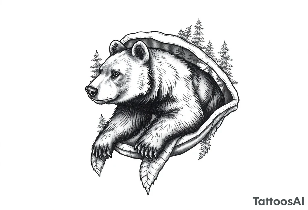 a bear in the forest inside a sea turtle shell tattoo idea