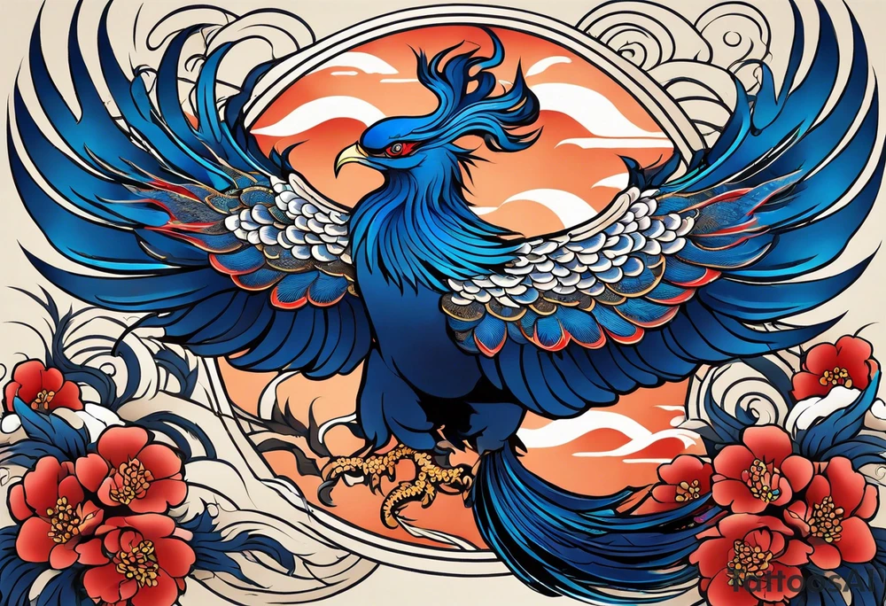 Create an intricate tattoo design of a Japanese phoenix in traditional Irezumi style. The phoenix should have a majestic and dynamic pose, with flowing feathers that exhibit traditional Japanese tattoo patterns. Its skin color should be a rich blue with varying shades, creating a sense of depth and movement. Include traditional Irezumi elements like clouds, waves, and subtle flames, blending them harmoniously with the phoenix. The tattoo should have a dramatic, detailed look with bold outlines and shading. Incorporate the Aquarius symbol discreetly within the design, possibly hidden among the feathers or subtly integrated into the background, to blend seamlessly with the overall artwork. tattoo idea