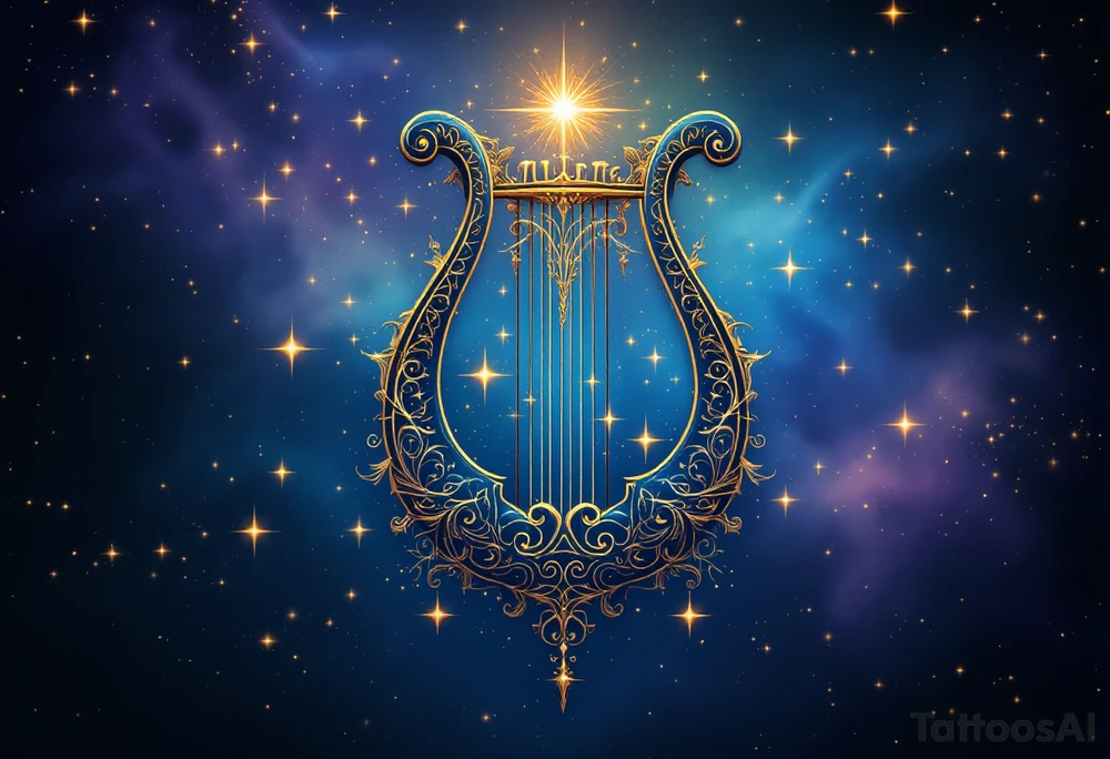 Lyre with Star Cluster – An ancient lyre in bronze and gold, suspended in a dreamy background of soft stars and nebulous blues and purples — myth, melody, and celestial influence. tattoo idea