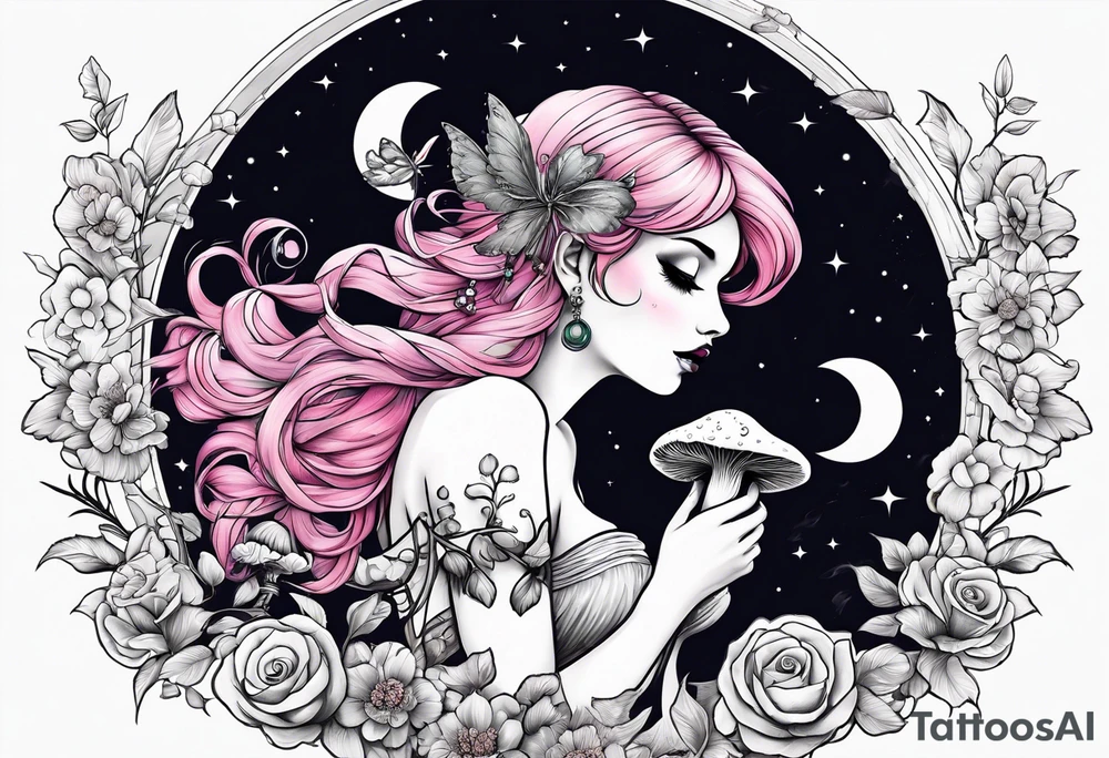 fairy with pink hair, eating a mushroom under the moon, tripping balls tattoo idea