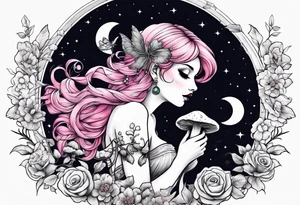 fairy with pink hair, eating a mushroom under the moon, tripping balls tattoo idea