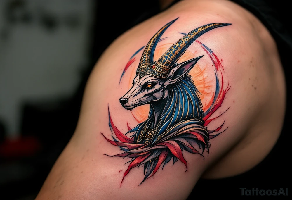 An Anubis with a Halo - Blending Egyptian mythology with Christian spirituality (only red , blue and black are possible colors) tattoo idea