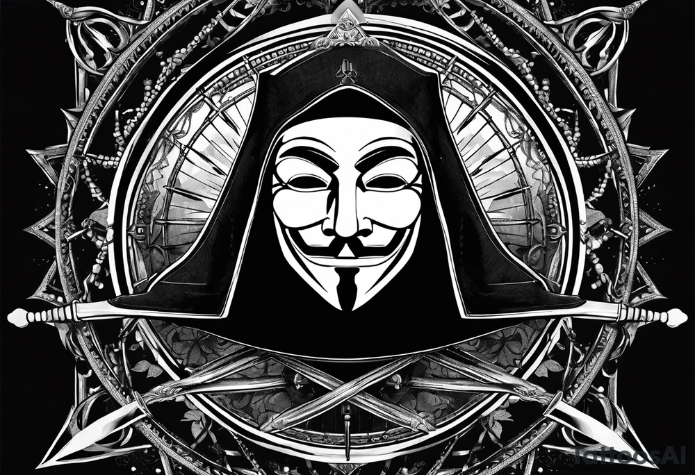 Centered v for vendetta, mask only. No hat.   Vintage compass surround. Crossed fencing swords tattoo idea