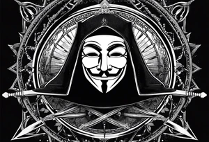 Centered v for vendetta, mask only. No hat.   Vintage compass surround. Crossed fencing swords tattoo idea