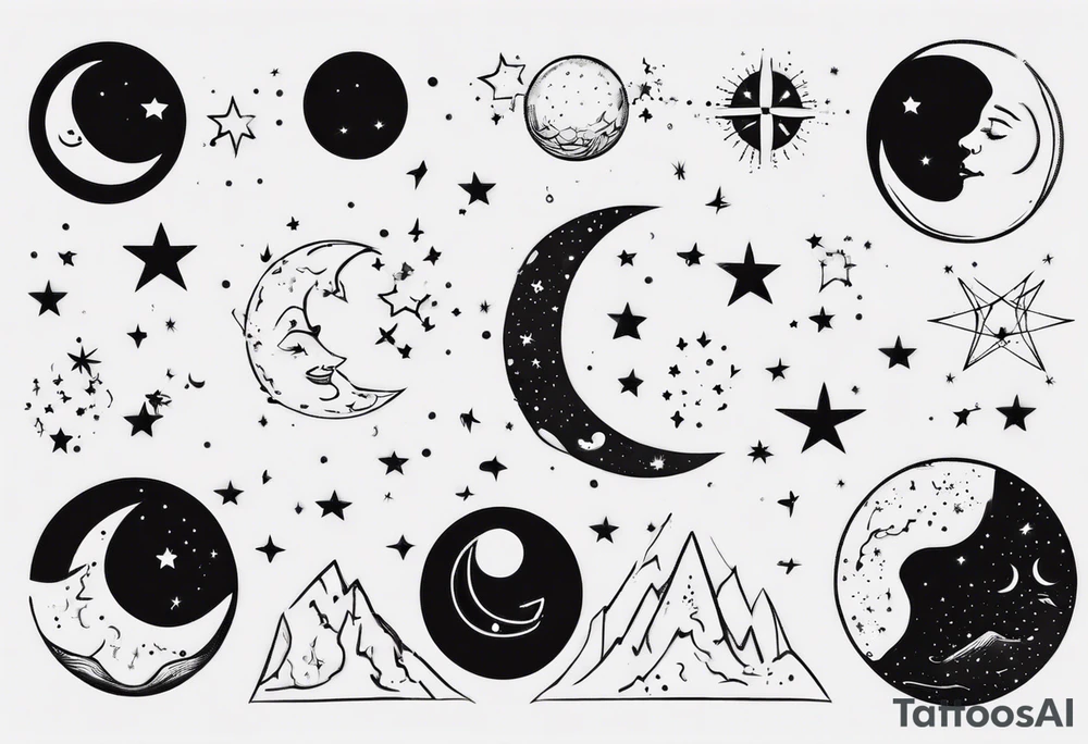 Night sky with moon and stars and constellations tattoo idea