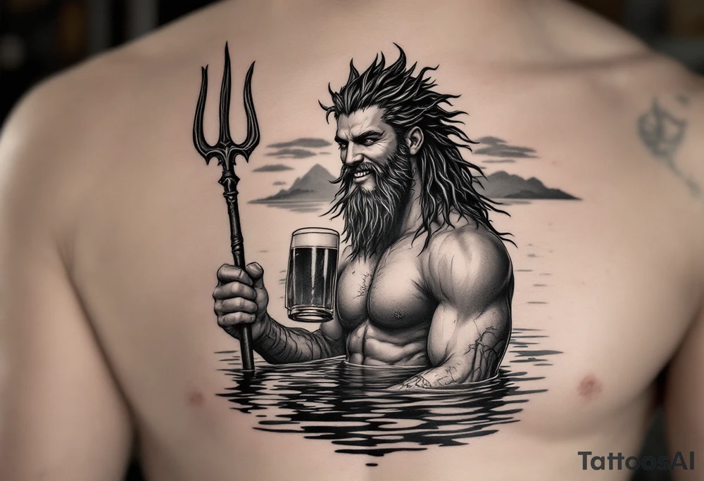 young, smiling, fit poseidon in calm water, holding a trident, drinking a beer, with sunset tattoo idea