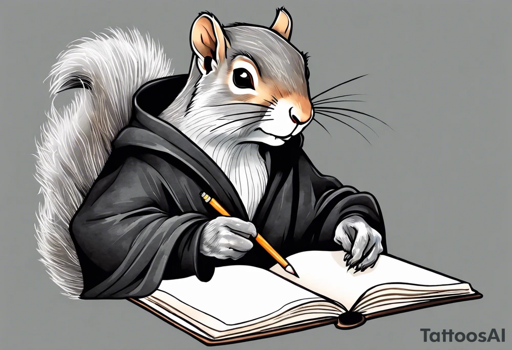 an elderly grey squirrel with a long beard wearing a black robe writing in a journal tattoo idea