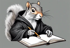 an elderly grey squirrel with a long beard wearing a black robe writing in a journal tattoo idea