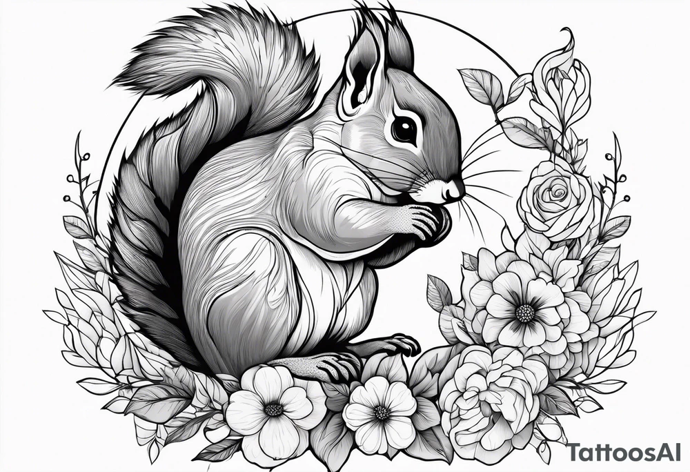 floral with small animals. Squirrels, birds tattoo idea