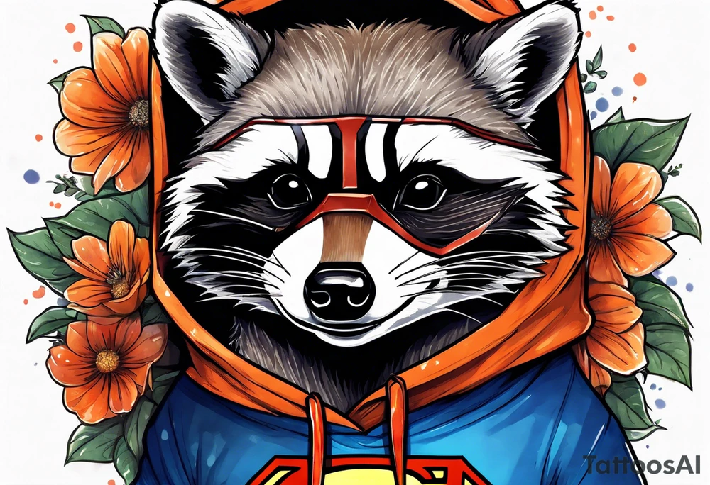 raccoon wearing a Superman hoodie with orange flowers tattoo idea