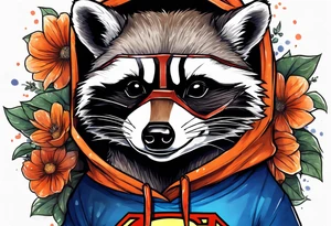raccoon wearing a Superman hoodie with orange flowers tattoo idea