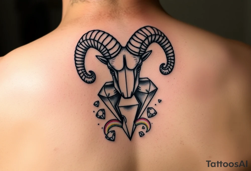 Capricorn ram breaking an unbreakable diamonds that has fragments of rainbow coming of the diamond pieces tattoo idea
