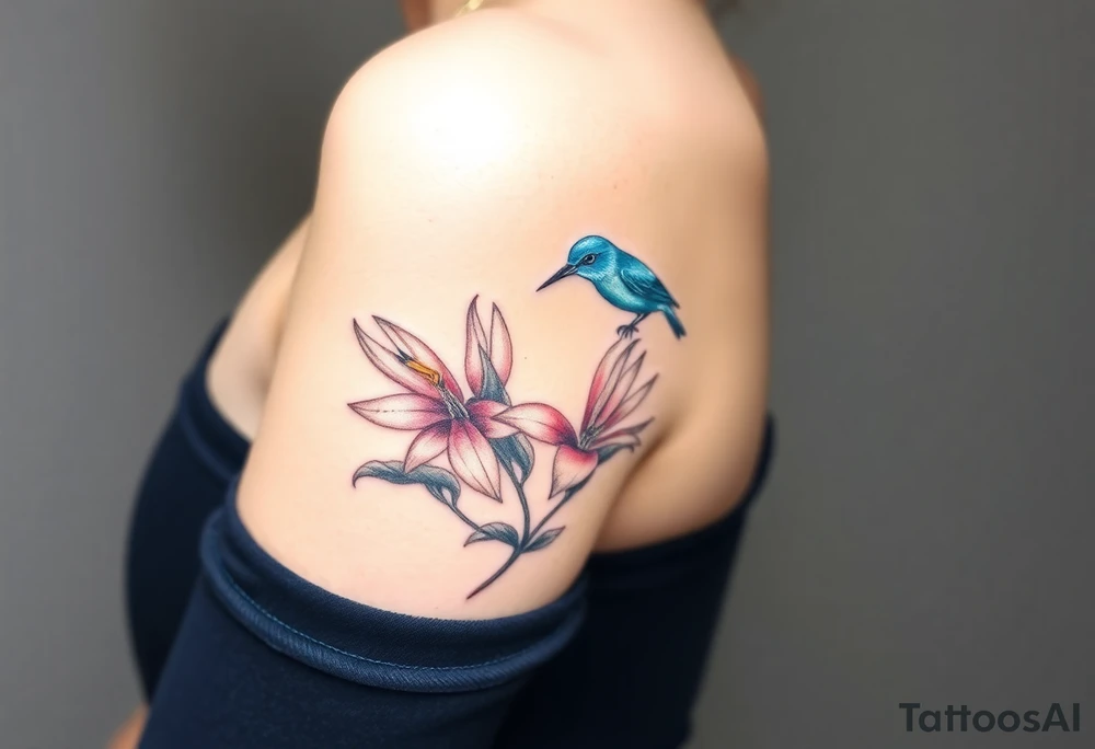 Bird of paradise flower with blue bird tattoo idea
