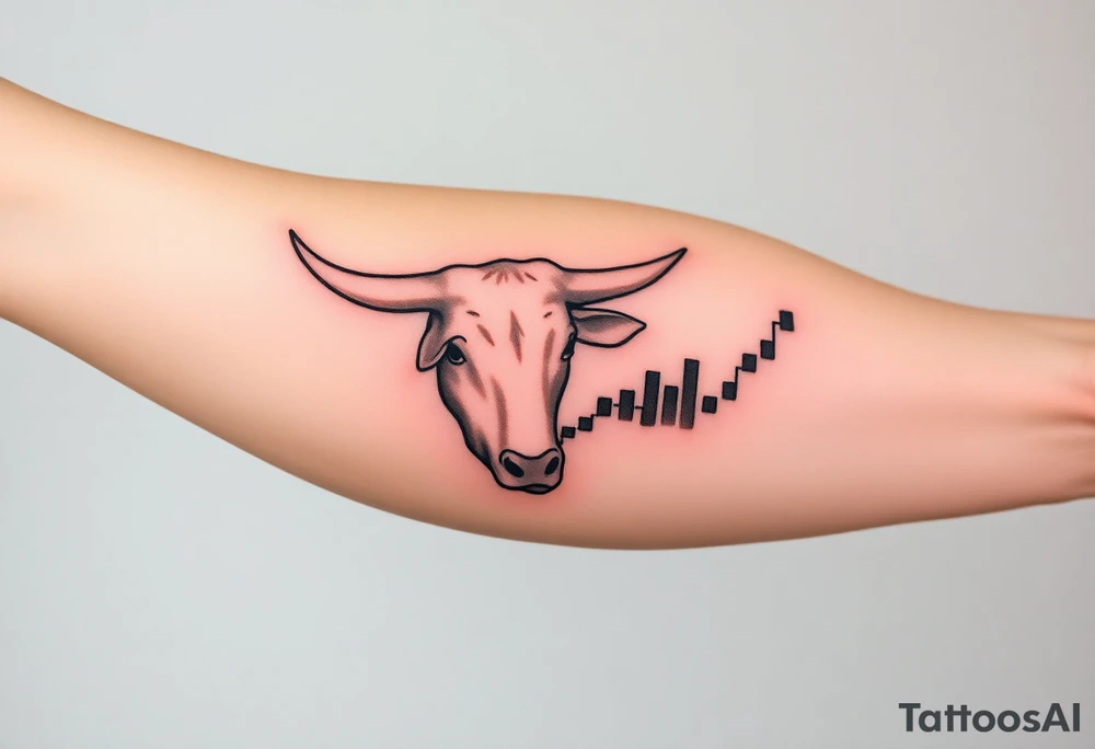 Create a minimalist black line tattoo of a bull’s head that transitions into an upward-trending candlestick stock chart. The design should have clean, fluid lines and combine the bull’s face and horns on the left, with the candlestick chart rising to the right, forming the shape of the bull’s jaw/neck. Keep the style simple and elegant, suitable for a forearm or upper arm tattoo.” tattoo idea