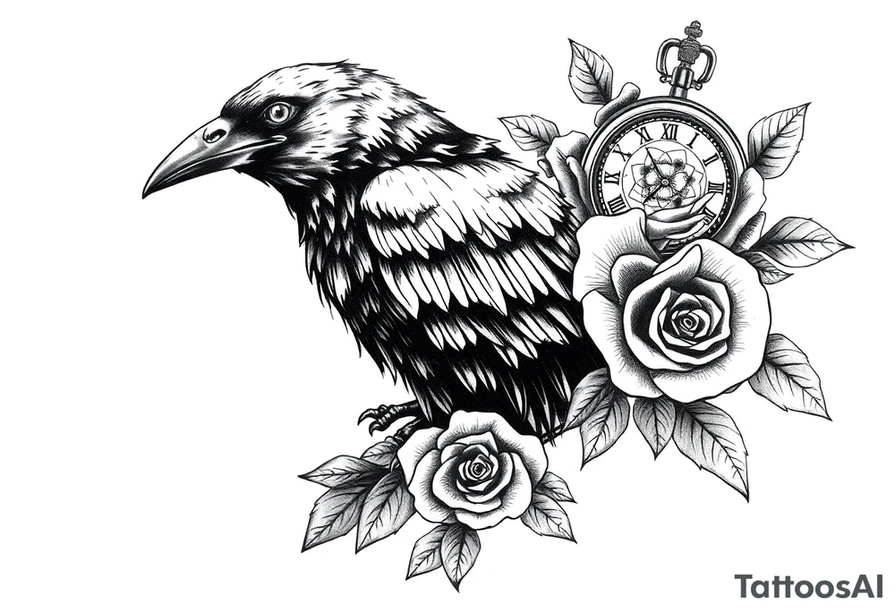 raven,roses,clock. tattoo idea