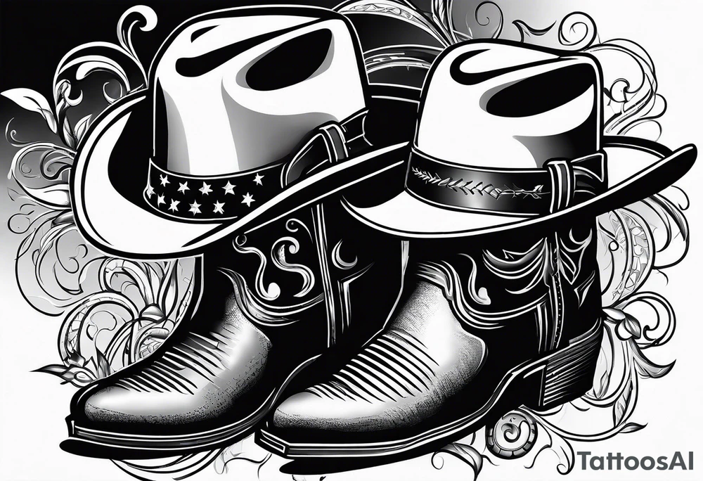 Music notes around Cowboy boots with cowboy hat tattoo idea