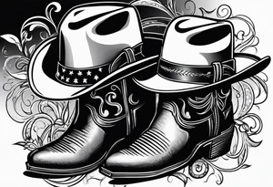 Music notes around Cowboy boots with cowboy hat tattoo idea