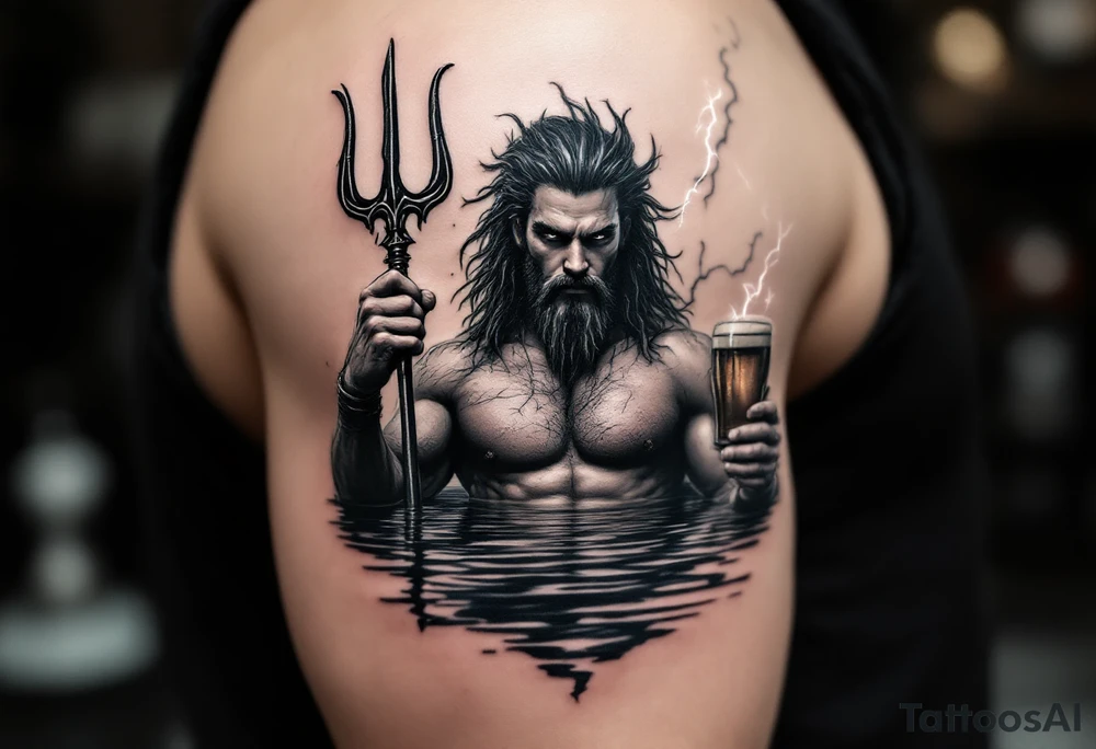 young, fit poseidon in calm water, holding a trident, holding a beer, with lightning tattoo idea